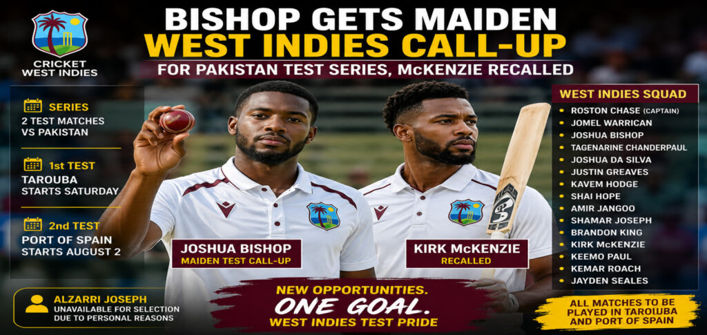 West Indies Name Joshua Bishop for Pakistan Test Series, Recall Kirk McKenzie
