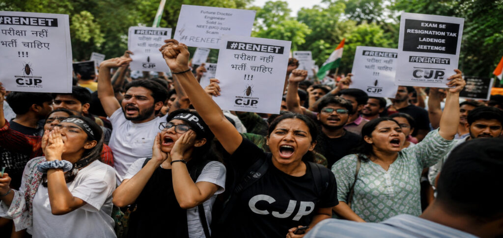 India exam leak protests in New Delhi demanding education reforms