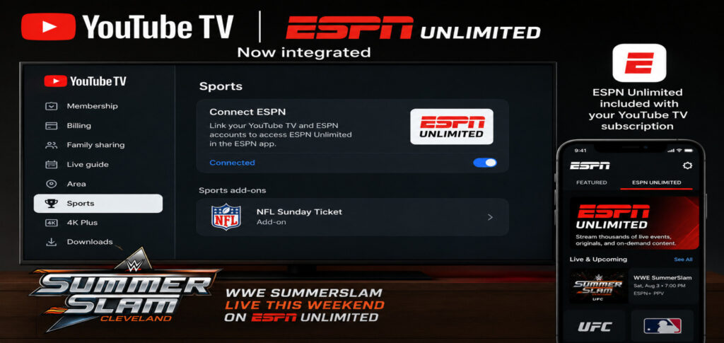 YouTube TV ESPN Unlimited streaming service ahead of WWE SummerSlam