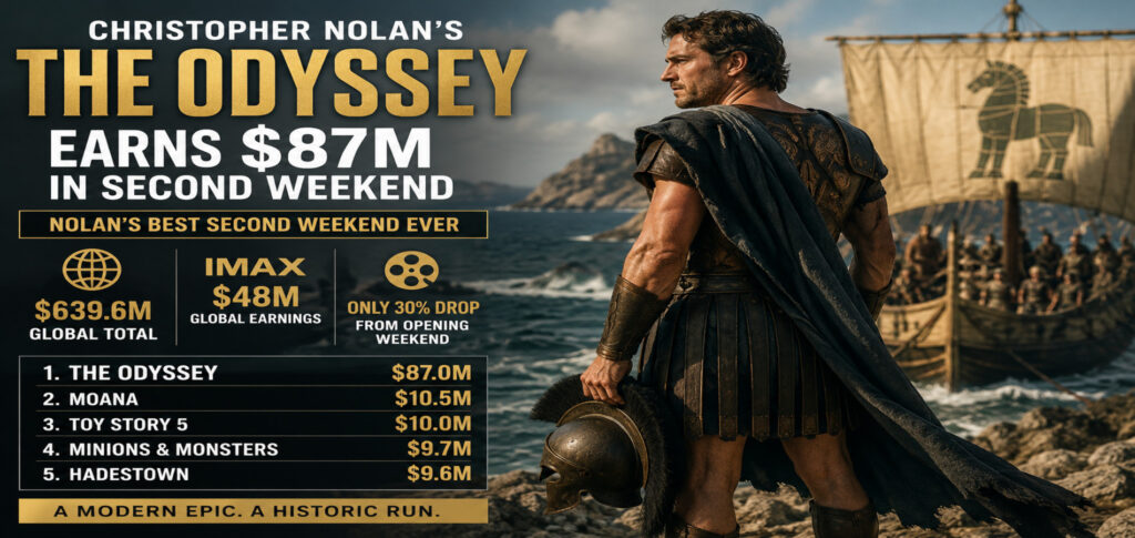 The Odyssey second weekend box office success as audiences arrive at a busy movie theater