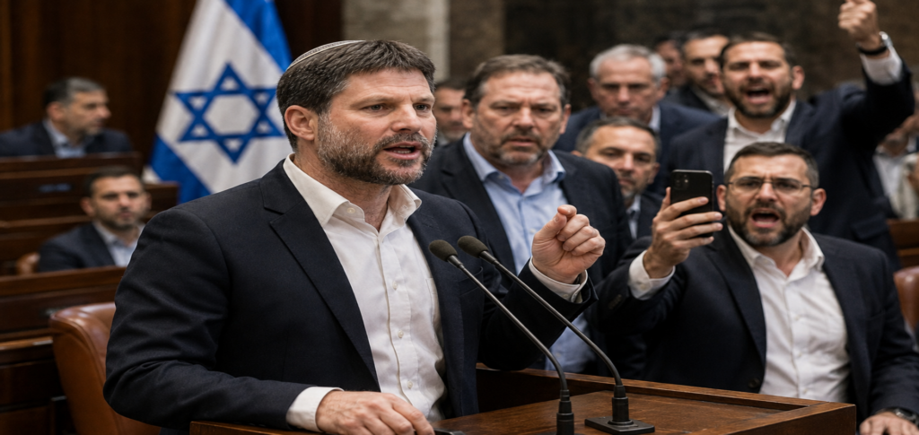 Bezalel Smotrich speaks during a tense Israeli parliament session as political divisions deepen within Netanyahuâ€™s coalition over military service policies.