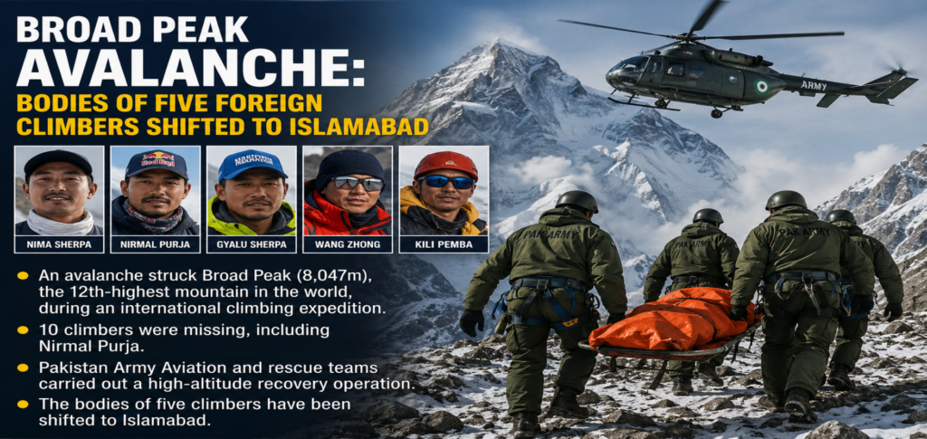 Pakistan Army rescue teams recover the bodies of five foreign climbers after a Broad Peak avalanche in northern Pakistan.