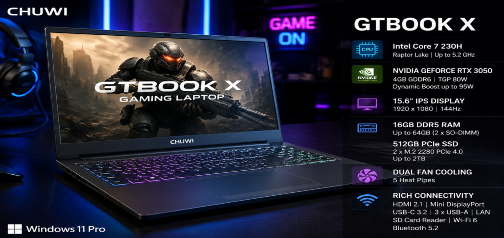 Chuwi GTBook X gaming laptop featuring Intel Core 7 230H processor and Nvidia RTX 3050 graphics card