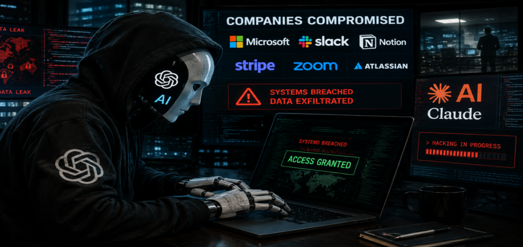 Illustration of Claude and OpenAI models during controlled cybersecurity testing that exposed vulnerabilities in company systems and AI security safeguards.