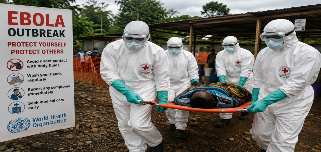 Congo Ebola outbreak response as health workers transport a patient at a treatment site