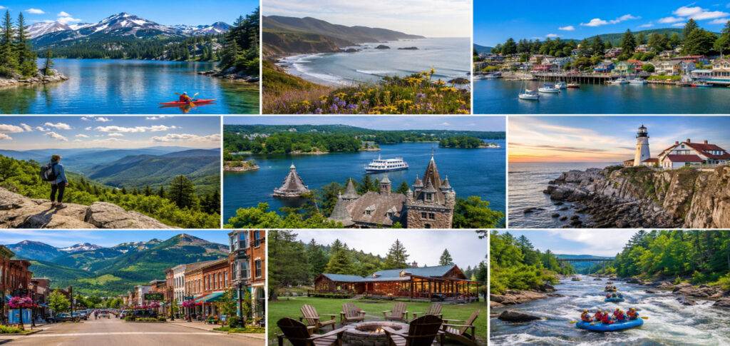 Scenic mountain lake surrounded by pine forests and cool summer landscapes, representing the best places in the USA to escape the dog days of summer.