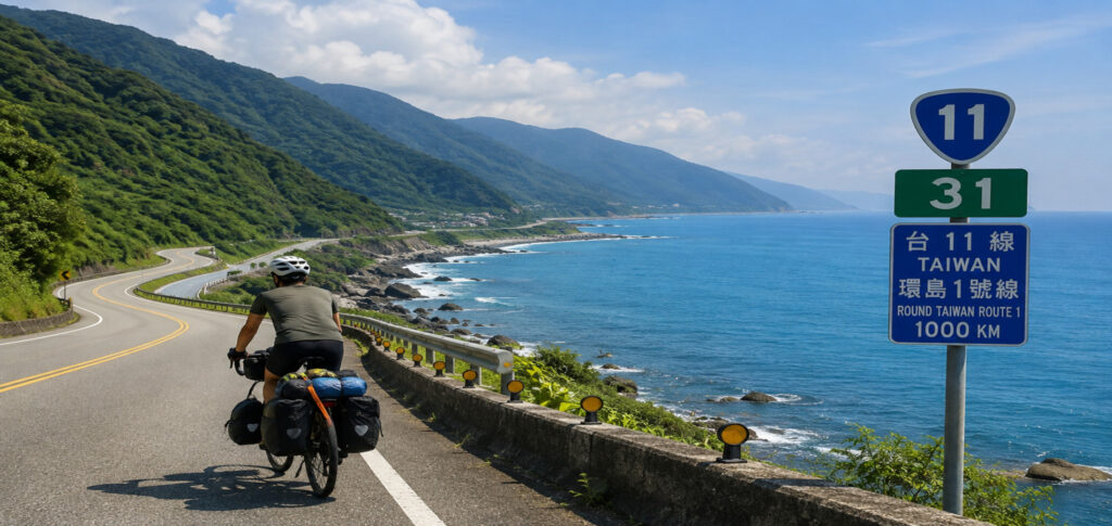Cyclist riding along Taiwan's scenic east coast during an epic 1