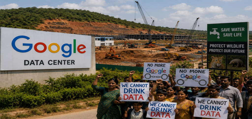 Google India Data Centre Project construction site amid protests over water shortages and wildlife concerns in Andhra Pradesh