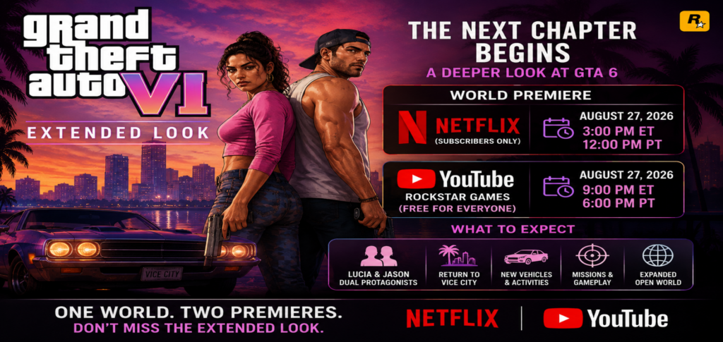 GTA 6 Extended Look promotional artwork featuring Lucia and Jason with a Vice City skyline ahead of the Netflix and YouTube premiere.