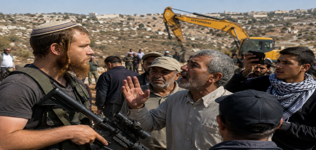 Israeli security personnel near the West Bank after Israel charged a settler over the killing of Palestinian activist Owdeh Hathaleen in a rare indictment related to settler violence.