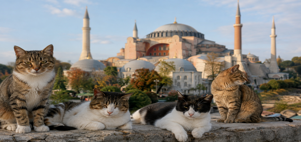Street cats in Istanbul with Hagia Sophia in the background