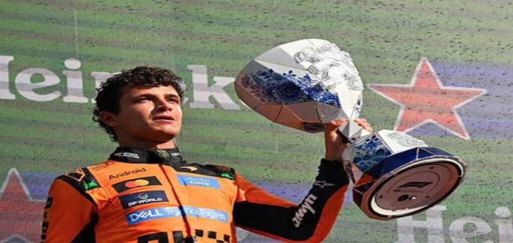 Lando Norris celebrates after extending his McLaren contract until 2030