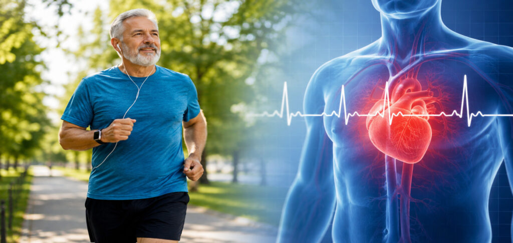 Older adult jogging in a park with a heart health illustration