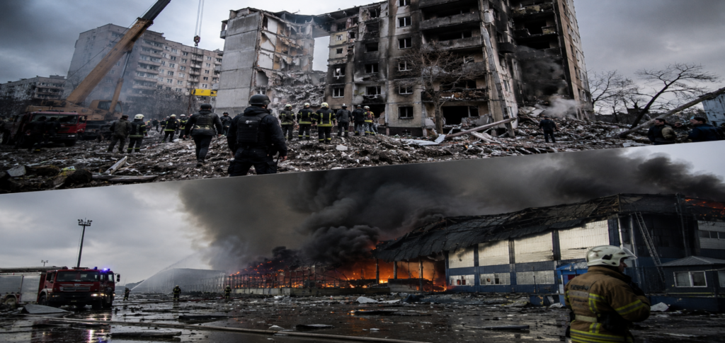 Russia Ukraine attacks aftermath showing damaged buildings