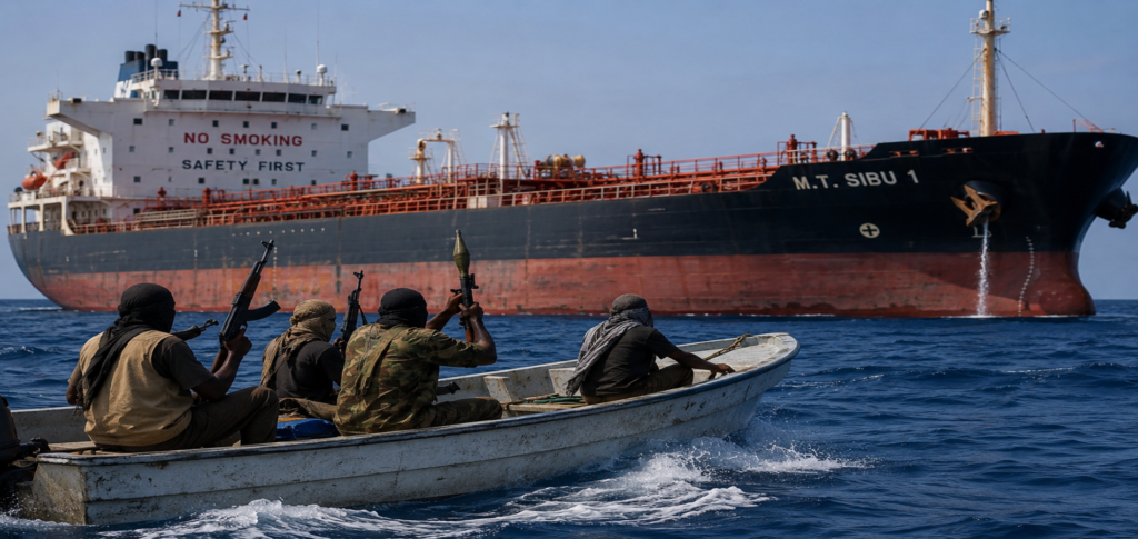 Somali pirates approaching an oil tanker during a hijacking off Yemen
