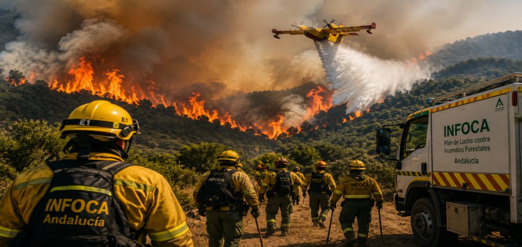 Spain Andalusia wildfire firefighters battling forest blaze with aircraft
