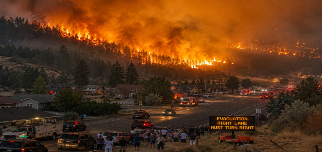 Aerial view of wildfire smoke and flames near Spokane