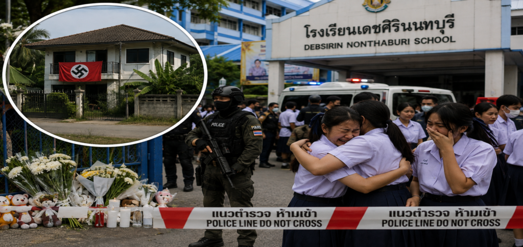 Thailand School Shooting aftermath with emergency responders and police outside the school after the deadly attack involving a teenage student.