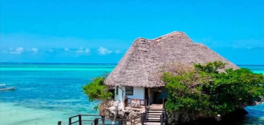The Rock Zanzibar restaurant surrounded by the Indian Ocean