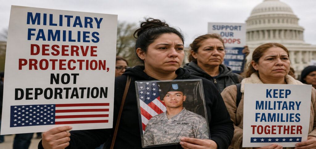 Military families and supporters protest against immigration detentions affecting active-duty service members' spouses and parents in the United States