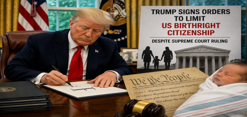 Donald Trump signs executive orders to limit US birthright citizenship despite the Supreme Court ruling in the Oval Office.