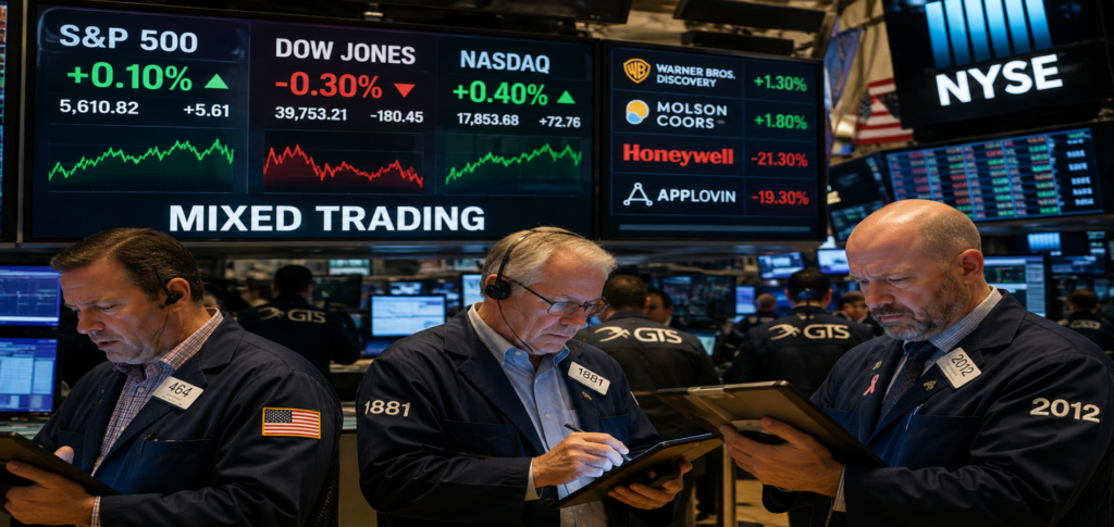 Traders monitor stock market screens on the New York Stock Exchange as US stocks trade mixed following corporate earnings reports.